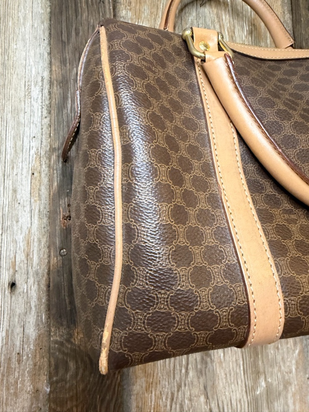 Vintage CELINE Brown Canvas Macadam Leather Boston Tote Bag Made in Italy - Picture 6 of 16
